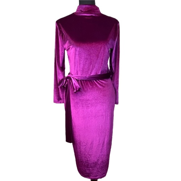 Goodtime USA Dresses & Skirts - Goodtime USA Velour High Neck Tie Waist BodyCon Maxi Dress Fuchsia Size L NWT